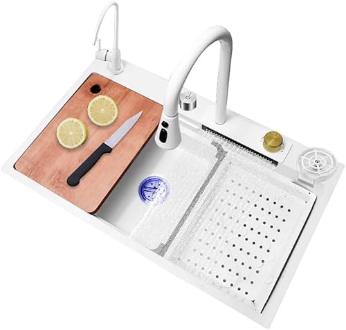 Edelstahl Küchenspüle Raindance Cascade Design 304 Küchenspülenset Integrierte Spüle mit Pull-Down-Wasserhahn Weiß(80x45x22cm) von XIAOYIWIN