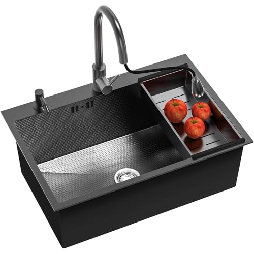 Große Küchenspüle aus Edelstahl (80 x 50 cm), Unterbau- oder Aufsatzspüle, inklusive Wasserhahn und Ablauffilter, ideal for moderne Küchen, langlebig und leicht zu reinigen(Black) von XIAOYIWIN