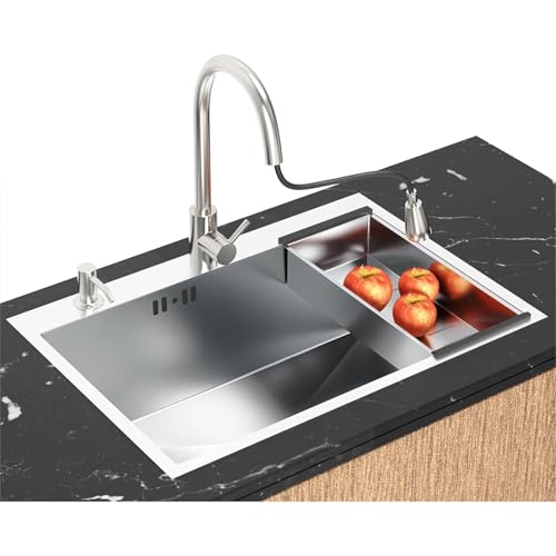 Große Küchenspüle aus Edelstahl (80 x 50 cm), Unterbau- oder Aufsatzspüle, inklusive Wasserhahn und Ablauffilter, ideal for moderne Küchen, langlebig und leicht zu reinigen(Silver) von XIAOYIWIN