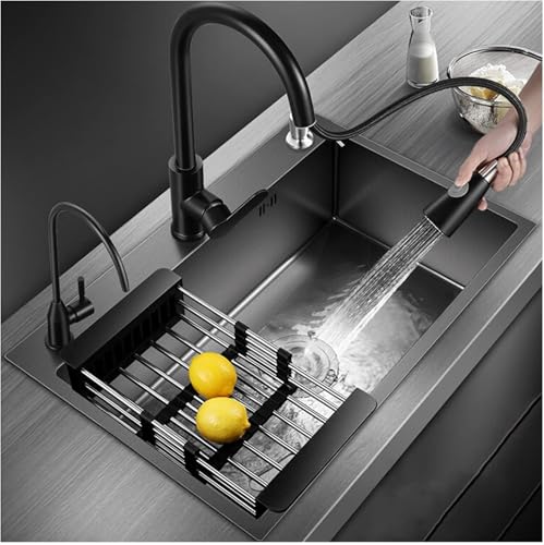 Nano Küchenspüle, Einzelbecken, Barspüle mit herunterziehbarem Wasserhahn und Abflussgarnitur, Auf- oder Unterbaumontage, Schwarz von XIAOYIWIN