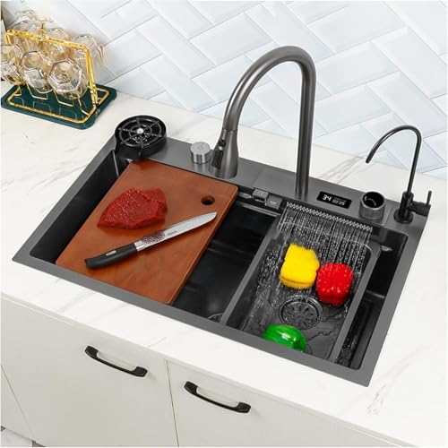 Schwarzes Nano-Spülbecken mit runder Glasscheibe for Unterbau-Küchenspülen mit herunterziehbarem Wasserhahn und digitaler Anzeige, multifunktionale Arbeitsstation.(75 * 45 * 23cm) von XIAOYIWIN