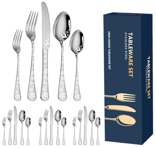 XIAOYU 20-teiliges Weihnachtsbesteck Set, schwarzes Besteck Set Service für 4, Edelstahl Besteck Geschirr, einzigartige Schneeflocken Weihnachtsmann Elch Muster Design, spülmaschinenfest, Silber von XIAOYU