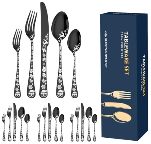 XIAOYU 20-teiliges Weihnachtsbesteck Set, schwarzes Besteck Set Service für 4, Edelstahl Besteck Geschirr, einzigartige Schneeflocken Weihnachtsmann Elch Muster Design, spülmaschinenfest, schwarz von XIAOYU