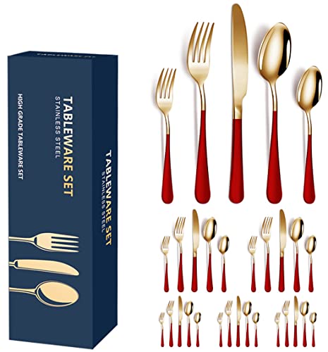 XIAOYU 30-teiliges Besteck-Set für 6 Personen, Edelstahl-Besteck-Set mit mattem Griff, Messer-Gabel-Löffel-Set, für Zuhause, Restaurant, Wohnung, rot von XIAOYU