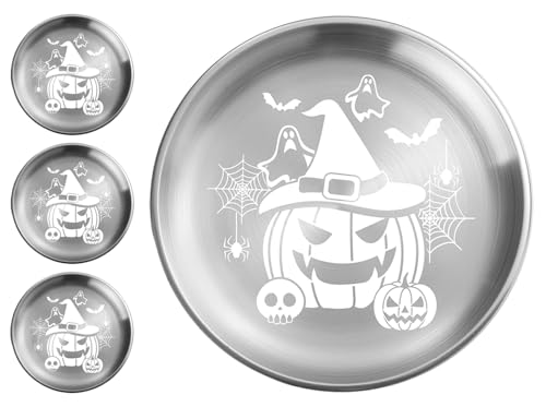 XIAOYU 4-teiliges Halloween-Tellerset, 8.07 Inch runde Essteller aus gotischem Metall, Essteller aus Edelstahl für Halloween, Ostern und Weihnachten, wiederverwendbar und spülmaschinenfest, Silber XIAOYU 4-teiliges Halloween-Tellerset, 8.07 Inch runde Essteller aus gotischem Metall, Essteller aus Edelstahl für Halloween, Ostern und Weihnachten, wiederverwendbar und spülmaschinenfest, Silber von XIAOYU