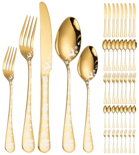 XIAOYU 40-teiliges Weihnachtsbesteck Set für 8, Edelstahl Besteck Set, Schneeflocken Weihnachtsmann Elch Muster Design, Geschirr Geschirr für Küche Restaurant, spülmaschinenfest, Gold von XIAOYU