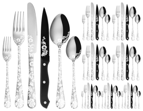 XIAOYU 48-teiliges Besteckset mit Steakmessern, Besteckset aus Edelstahl für 8 Personen, Löffel Gabeln Messerset mit einzigartigem Pfingstrosenblütenlaser, spülmaschinenfest, Silber von XIAOYU