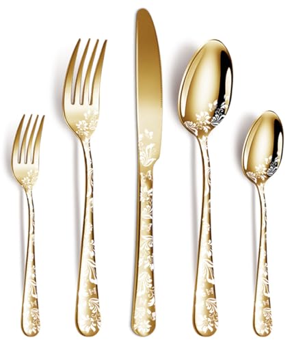 XIAOYU 5-teiliges Besteck Set, schwarzes Besteck Set, Edelstahl Spiegel poliert Besteck Set, Löffel Gabel Messer Set mit einzigartigem Blumen Laser, Gold von XIAOYU