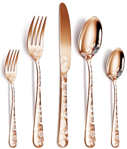 XIAOYU 5-teiliges Besteck Set, Schwarzes Edelstahl Spiegel Poliert, Löffel Gabel Messer Mit Einzigartigem Blumen Laser, Roségold von XIAOYU