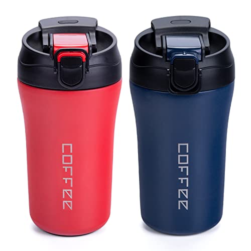 XIAPIA Thermobecher Kaffeebecher To Go 400ml 2er Set, Edelstahl Auslaufsicher Reisebecher mit Strohhalm, Doppelwandig Isolierbecher für Kaffee Tee Glühwein, Heiß und Kalt, Rot & Blau von XIAPIA