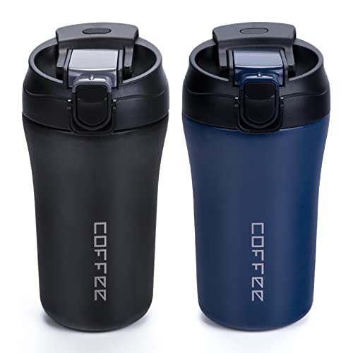 XIAPIA Thermobecher Kaffeebecher To Go 400ml 2er Set, Edelstahl Auslaufsicher Reisebecher mit Strohhalm, Doppelwandig Isolierbecher für Kaffee Tee Glühwein, Heiß und Kalt, Schwaz & Blau von XIAPIA