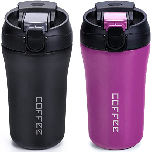 XIAPIA Thermobecher Kaffeebecher To Go 400ml 2er Set, Edelstahl Auslaufsicher Reisebecher mit Strohhalm, Doppelwandig Isolierbecher für Kaffee Tee Glühwein, Heiß und Kalt (Schwarz & Llila) von XIAPIA
