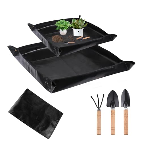 2 Pcs Schwarz Pflanzmatte + 3 Set Kleiner Spatel, Umtopfmatte PE wasserdichte Gartenmatte Pflanzmatte mit Kupferschnalle Umtopfen Pflanzunterlage für Pflanzen, Sukkulenten (100cmx100cm 68cmx68cm) von XIAQICA