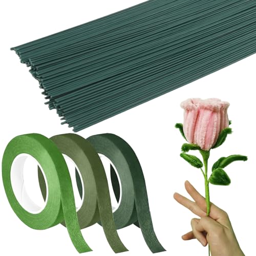 3 Floristenband+100 Basteldraht Grün Set 30cm *2 mm Blumendraht Floristendraht 3 Farben Selbstklebend Blumen Floristik Kreppband Floristenkrepp Dekoration für Bouquet Blumensträuße Kunsthandwerkk von XIAQICA