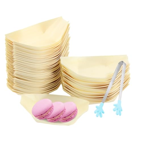 XIAQICA 120 Stück Holzschale Schiffchen aus Kiefernholz mit 1 Stück Silikon Clip 11,5 x 6,5cm Snackschale Fingerfood Schalen Biologisch Abbaubare für Fingerfood Currywurst Pommes Sushi Snackteller von XIAQICA