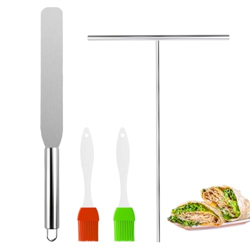 XIAQICA 2 Stück Crepes Verteiler Spatel mit 2 Silikonbürsten Edelstahl Crepes Wender T Form Teigverteiler für Crepes Spachtel Set Crepes Pfanne Backwerkzeuge für Pfannkuchen Crepe Profi Crepes Wender von XIAQICA