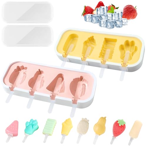 XIAQICA 2 Stück Eis am Stiel Formen Silikon mit 2 Staubschutzhülle + 12 Sticks,8 Kavitäten Eiscreme Eis Silikonform Eisformen Ice Lolly Mold Popsicle Set für DIY Stieleis Cakesicles (Gelb, Rosa) von XIAQICA