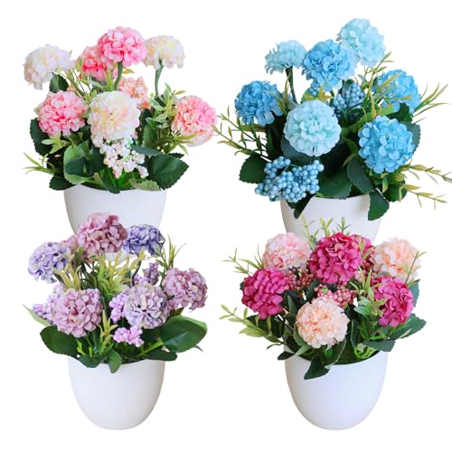 XIAQICA 4 Künstliche Blumen im Topf Mini Kunstpflanze Künstliche Pflanzen Klein Chrysantheme Tischdeko Innen Außenbereich DIY Blumenarrangements Grünpflanzen für Balkon Zuhause Büro Wohnzimmer Deko von XIAQICA