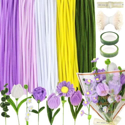 XIAQICA 400 Stück Pfeifenreiniger Blumen Pfeifenputzer Bunt in Mehrfarbig Pfeifenreiniger zum Basteln Lila Pipe Cleaner Flower Set für DIY Tulpen, Lavendelsträuße und Anderes Handwerk von XIAQICA
