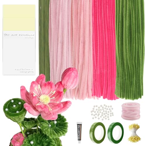 XIAQICA 400 Stück Rosa Tulip Bouquet Pfeifenreiniger Blumen Basteln Set(4 Farben) mit 2 Klebeband+30 Grün Basteldraht+200 Staubblätter+3 Floristenkrepp+Floristenband+50 Halbrunde Perle+1 Kleber von XIAQICA