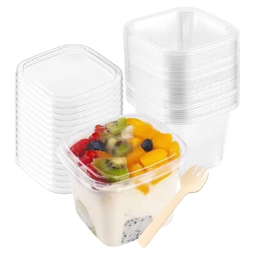 XIAQICA 50 Desserttasse mit Deckel 50 Löffeln 400 ml/14 oz Transparent Kunststoff Dessertbecher Dessertschalen Wiederverwendbar Quadratischer Dessertgläser für Zuhause Party Desserts Pudding Mousse von XIAQICA