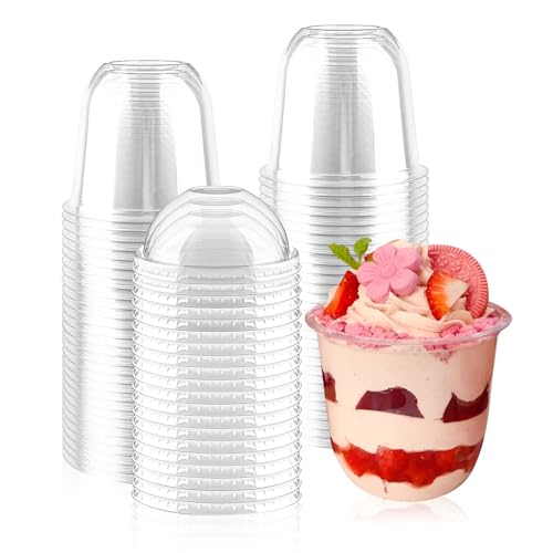 XIAQICA 50 Stück Plastik Dessertbecher mit Deckel 360ml mit 50 Löffeln Transparent Dessertgläser Plastik Wiederverwendbar Plastikbecher für DIY Desserts Pudding Mousse Eis von XIAQICA
