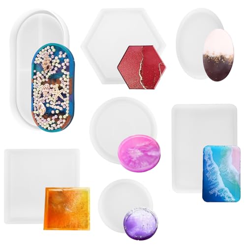 XIAQICA 7 Stück Silikonformen Gießformen Untersetzer Silikonform DIY Harz Tablett Rund Oval Hexagon Quadrat Art Beton Gießform Silikon Formen für Tablett Obsttablett Tabletts Selbermachen von XIAQICA