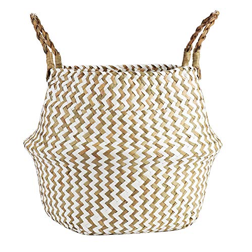 XIASABA 1PC Faltbarer Seegrasgewebespeicherkorb ideal für Kleidung organisierte Pflanzenblumtopf mit schwarzer oder weißer Farboption für Schlafzimmer Wohnzimmer Kinderzimmer (White (wavy pattern)) von XIASABA