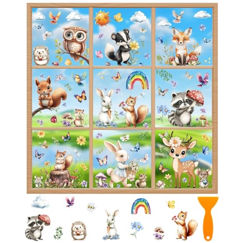 XIATIAN Fensterbilder Waldtiere Fensteraufkleber Kinder, Tiere Fenster Abziehbilder Hirsche Fuchs Hase Eichhörnchen, Fenstersticker Fensterfolie Wiederverwendbar für Fensterdeko von XIATIAN