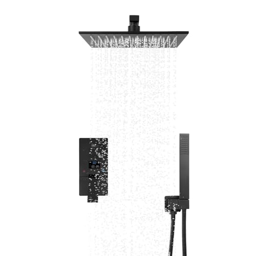 Regendusche Duschsystem,LED 12 Zoll Matt Moderne Lufteinblasbrausegarnitur mit 30 x 30 cm eckigem Brausekopf aus Edelstahl und Messing,Intelligenter Thermostat Regendusche Duschsystem,LED 12 Zoll Matt Moderne Lufteinblasbrausegarnitur mit 30 x 30 cm eckigem Brausekopf aus Edelstahl und Messing,Intelligenter Thermostat von XIAYUHE