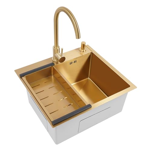 Spülbecken Spüle Küche,50x45x22cm Gold Edelstahl Spülbecken mit Hoher Drehbarer Wasserhahn,Einbauspüle mit Abtropfkorb und Seifenspender,1 Becken Kitchen Sink Spülbecken Spüle Küche,50x45x22cm Gold Edelstahl Spülbecken mit Hoher Drehbarer Wasserhahn,Einbauspüle mit Abtropfkorb und Seifenspender,1 Becken Kitchen Sink von XIAYUHE