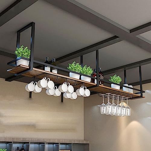 2-stufiges Deckenregal – hängender Weinglashalter, hängendes Lagerregal für die Küche, an der Wand montierter Weinglashalter aus massivem Holz mit Leitplanken, für Küche/Loft/Bar (Farbe: 1 Schicht) von XIBANY
