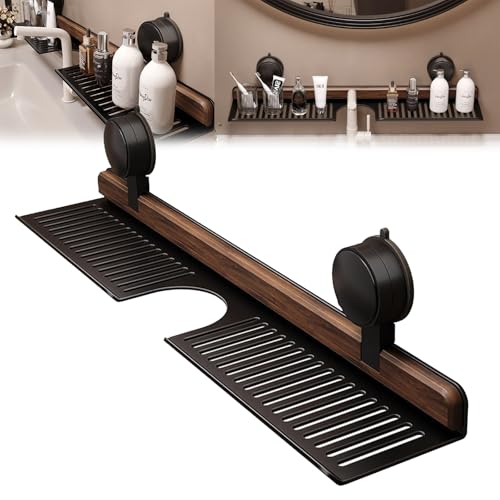 XIBHDN Walnut Suction Cup Bathroom Shelf,Wall Mounted Sink Shelf Over Faucet,Faucet Organizer Rack for Bathroom,for Toiletries, Bottles and Small Accessories (Black, 50cm) von XIBHDN