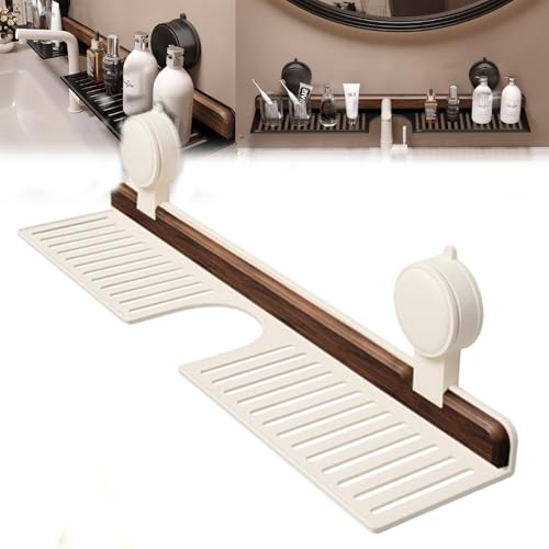 XIBHDN Walnut Suction Cup Bathroom Shelf,Wall Mounted Sink Shelf Over Faucet,Faucet Organizer Rack for Bathroom,for Toiletries, Bottles and Small Accessories (White, 50cm) von XIBHDN