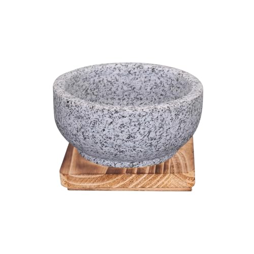 XICHENGSHIDAI Granitsteinschale mit Holzsockel, dicke koreanische Steinschale mit Tablett für Bibimbap, koreanische Suppe und Eintopf, für Backofen und Herd - 700ml von XICHENGSHIDAI