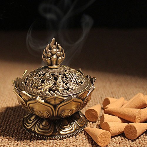 Xiduobao Lotus Flower Räuchergefäß, Metalllegierung, Räucherkerzenhalter, buddhistisches Dekor (groß), L von XIDUOBAO