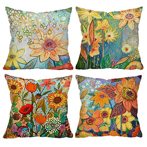 Sommer-Kissenbezüge, 4 Stück, Outdoor-Kissenbezüge, dekorative Kissen für Couch, Sofa, Bett, atmungsaktives Leinen mit verstecktem Reißverschluss, 45,7 x 45,7 cm, Sonnenblume von XIECCX