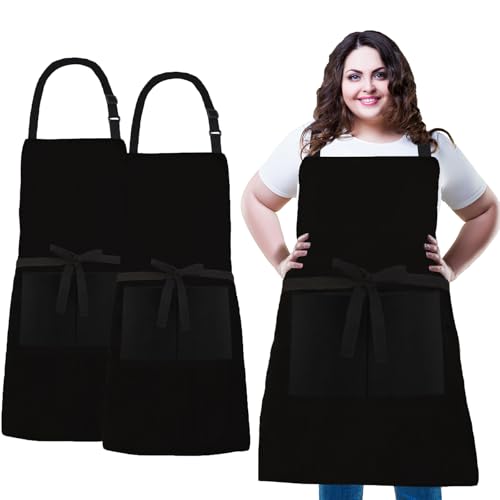XIEJINJIA 2 Stück Übergröße Verstellbare Kochschürze lange Krawatten mit 2 Taschen Extra Breit Chef Schürze Küche Kochen Garten Backen Grillen für Frauen Männer Schwarz von XIEJINJIA