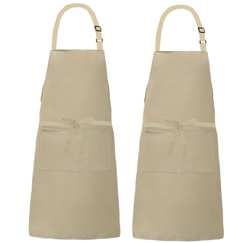 XIEJINJIA 2er-Pack Verstellbare Canvas Schürzen mit 2 Taschen Kochschürze Kochen Backen Garten für Frauen Männer Beige von XIEJINJIA