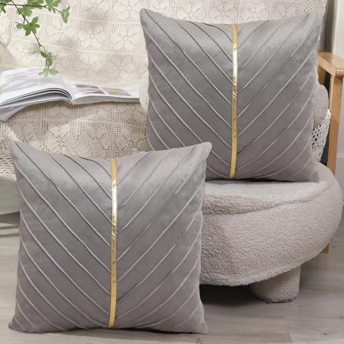 XIEJINJIA 2er Set Samt Kissenbezug mit Gold Leder Kissenhülle Sofakissen Dekorative Dekokissen Zierkissenbezüge für Couch Schlafsofa Wohnzimmer Schlafzimmer 45 x 45 cm Grau von XIEJINJIA