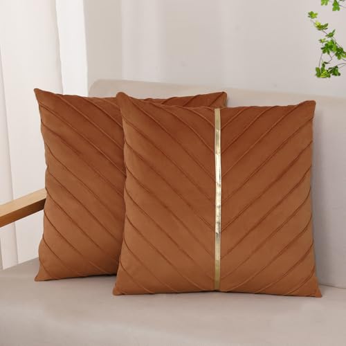 XIEJINJIA 2er Set Samt Kissenbezug mit Gold Leder Kissenhülle Sofakissen Dekorative Dekokissen Zierkissenbezüge für Couch Schlafsofa Wohnzimmer Schlafzimmer 45 x 45 cm Gebrannte Orange von XIEJINJIA