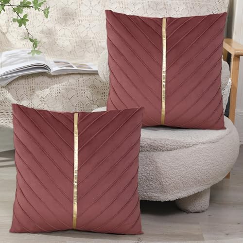 XIEJINJIA 2er Set Samt Kissenbezug mit Gold Leder Kissenhülle Sofakissen Dekorative Dekokissen Zierkissenbezüge für Couch Schlafsofa Wohnzimmer Schlafzimmer 45 x 45 cm Staubige Rose von XIEJINJIA
