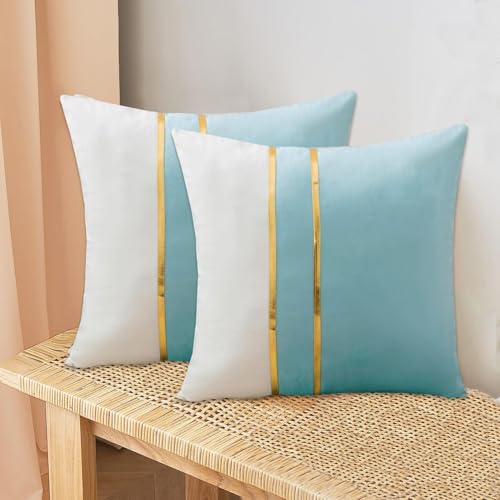XIEJINJIA 2er Set Samt Kissenbezug mit Gold Leder Kissenhülle Sofakissen Dekorative Dekokissen Zierkissenbezüge für Couch Schlafsofa Wohnzimmer Schlafzimmer 45 x 45 cm Blau/Weiß von XIEJINJIA