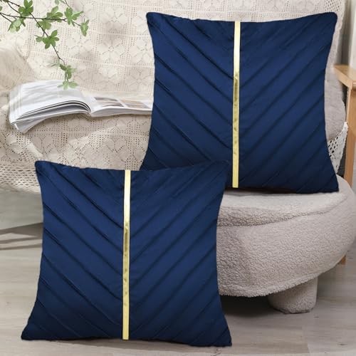 XIEJINJIA 2er Set Samt Kissenbezug mit Gold Leder Kissenhülle Sofakissen Dekorative Dekokissen Zierkissenbezüge für Couch Schlafsofa Wohnzimmer Schlafzimmer 45 x 45 cm Dunkelblau von XIEJINJIA