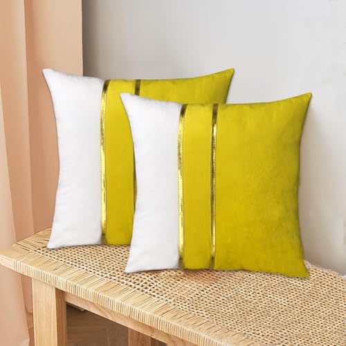 XIEJINJIA 2er Set Samt Kissenbezug mit Gold Leder Kissenhülle Sofakissen Dekorative Dekokissen Zierkissenbezüge für Couch Schlafsofa Wohnzimmer Schlafzimmer 45 x 45 cm Gelb/Weiß von XIEJINJIA
