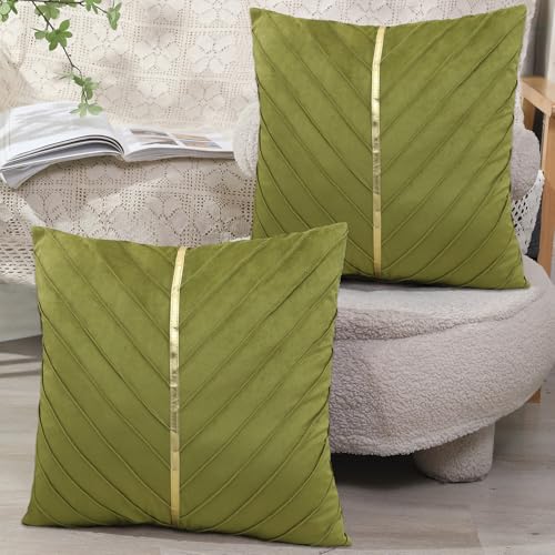 XIEJINJIA 2er Set Samt Kissenbezug mit Gold Leder Kissenhülle Sofakissen Dekorative Dekokissen Zierkissenbezüge für Couch Schlafsofa Wohnzimmer Schlafzimmer 45 x 45 cm Olivgrün von XIEJINJIA