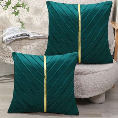 XIEJINJIA 2er Set Samt Kissenbezug mit Gold Leder Kissenhülle Sofakissen Dekorative Dekokissen Zierkissenbezüge für Couch Schlafsofa Wohnzimmer Schlafzimmer 45 x 45 cm Pfauengrün von XIEJINJIA