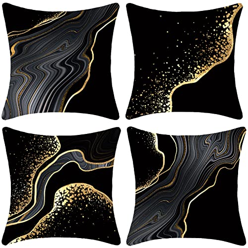 XIEJINJIA Kissenbezüge aus Weichem Samt mit Marmor-Textur Schwarz und Gold Luxus Abstract Art Dekorativer Quadratischer Kissenbezug Wohnzimmer Sofa Schlafzimmer Auto 45 x 45 cm 4 Stück von XIEJINJIA