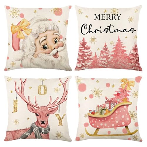 XIEJINJIA Weihnachten Santa Schneemann Weihnachtsbaum Kissenbezüge mit Dekorativer Quadratischer Kissenbezug Wohnzimmer Sofa Schlafzimmer Auto 45 x 45 cm 4 Stück von XIEJINJIA