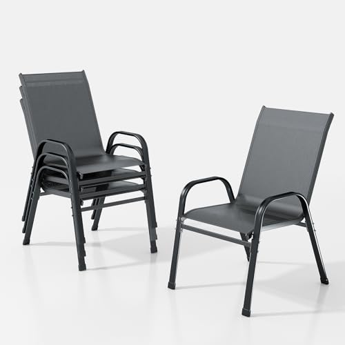 XIELOUS gartenstühle stapelbar 4er Set, balkonstühle gartenstuhl hochlehner, terrassenstühle mit Armlehnen und Metallgestell Wetterfest für Outdoor Garten Terrasse Balkon Restaurants(Grau) von XIELOUS